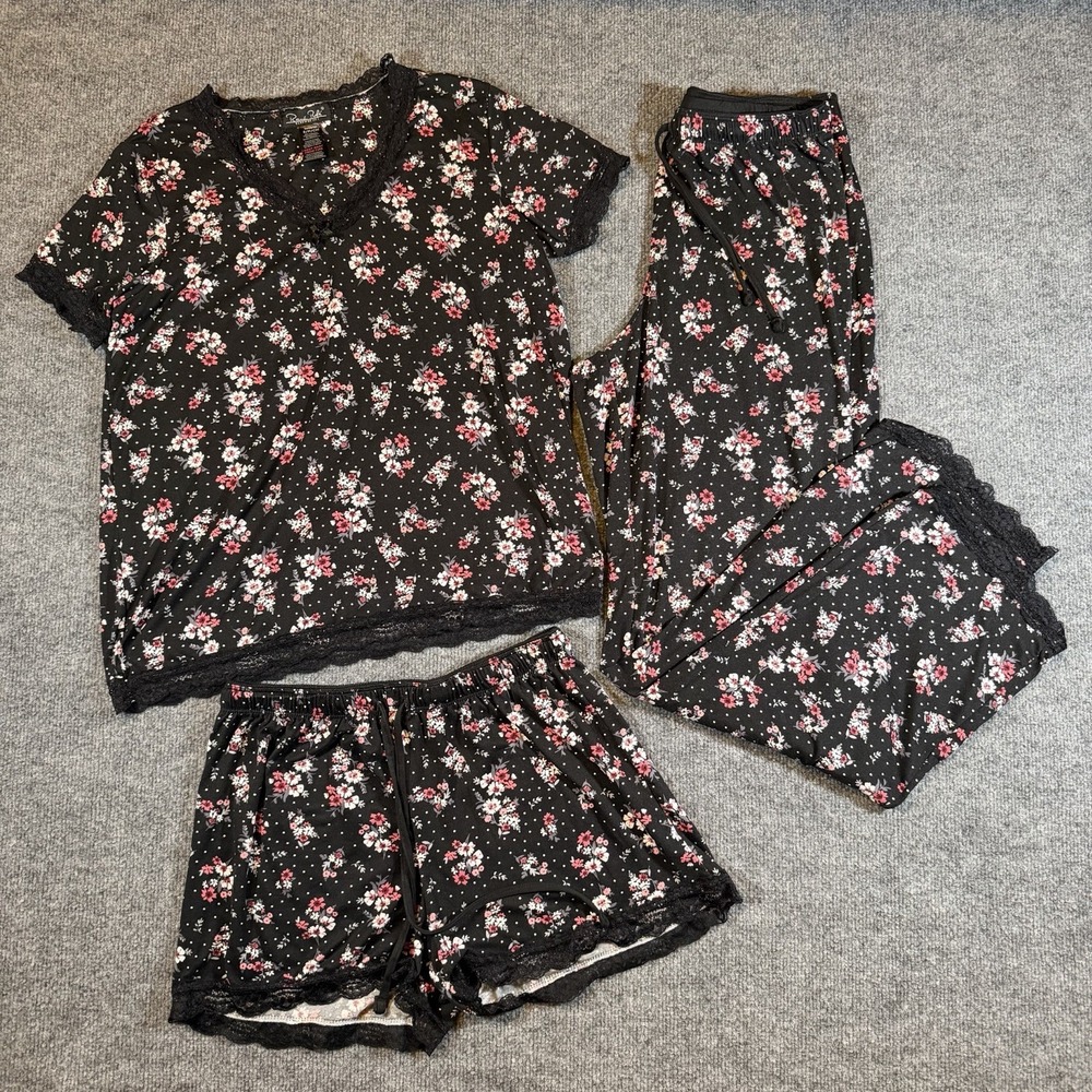 Rene Rofe 3-Piece Sleepwear Set S Top Shorts Pants Floral Scalloped‎ Lace Trim